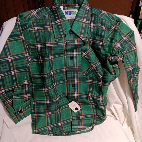 BOYS  7 Vintage 1970's DEE CEE FLANNEL GREEN HIPPY MOD SHIRT USA NEW NOS - Picture 3 of 8